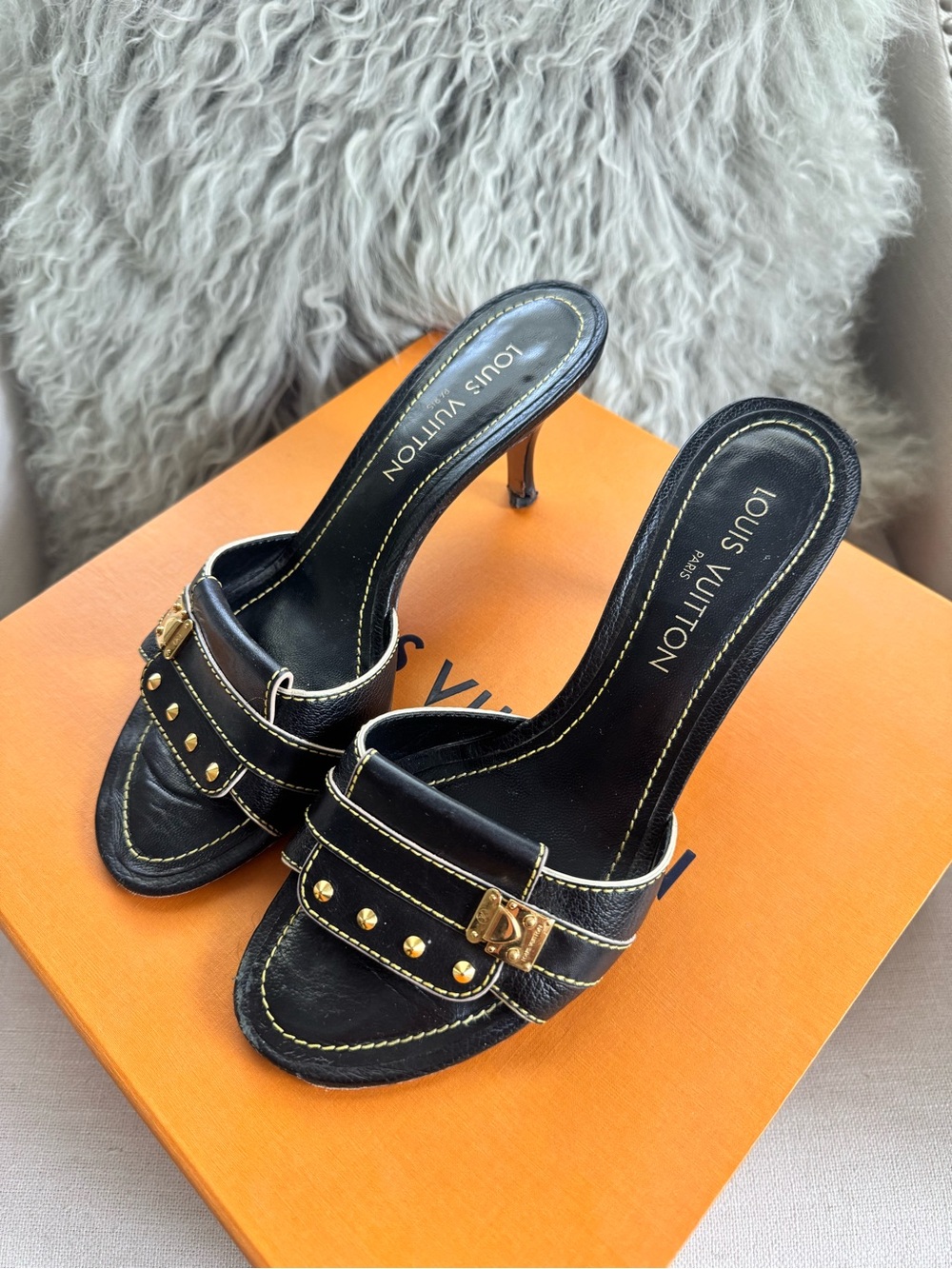 Vintage Louis Vuitton Black Leather Studded Kitten Heel Mules - Size 38.5